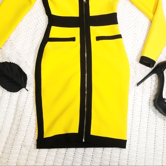 Yellow black bandage dress women’s XS long sleeve - Picture 7 of 8